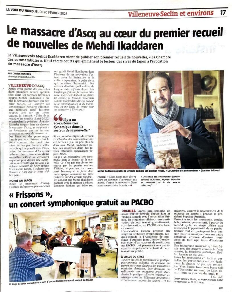 Article La Voix du Nord : la massacre d'Ascq au coeur du premier recueil de nouvelles de Mehdi Ikaddaren